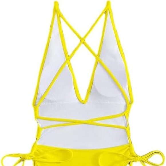 SUNSHINE YELLOW STRAPPY BACK HIGH-CUT CHEEKY ONE PIECE SWIMSUIT SIZE LARGE NWOT - Picture 6 of 13
